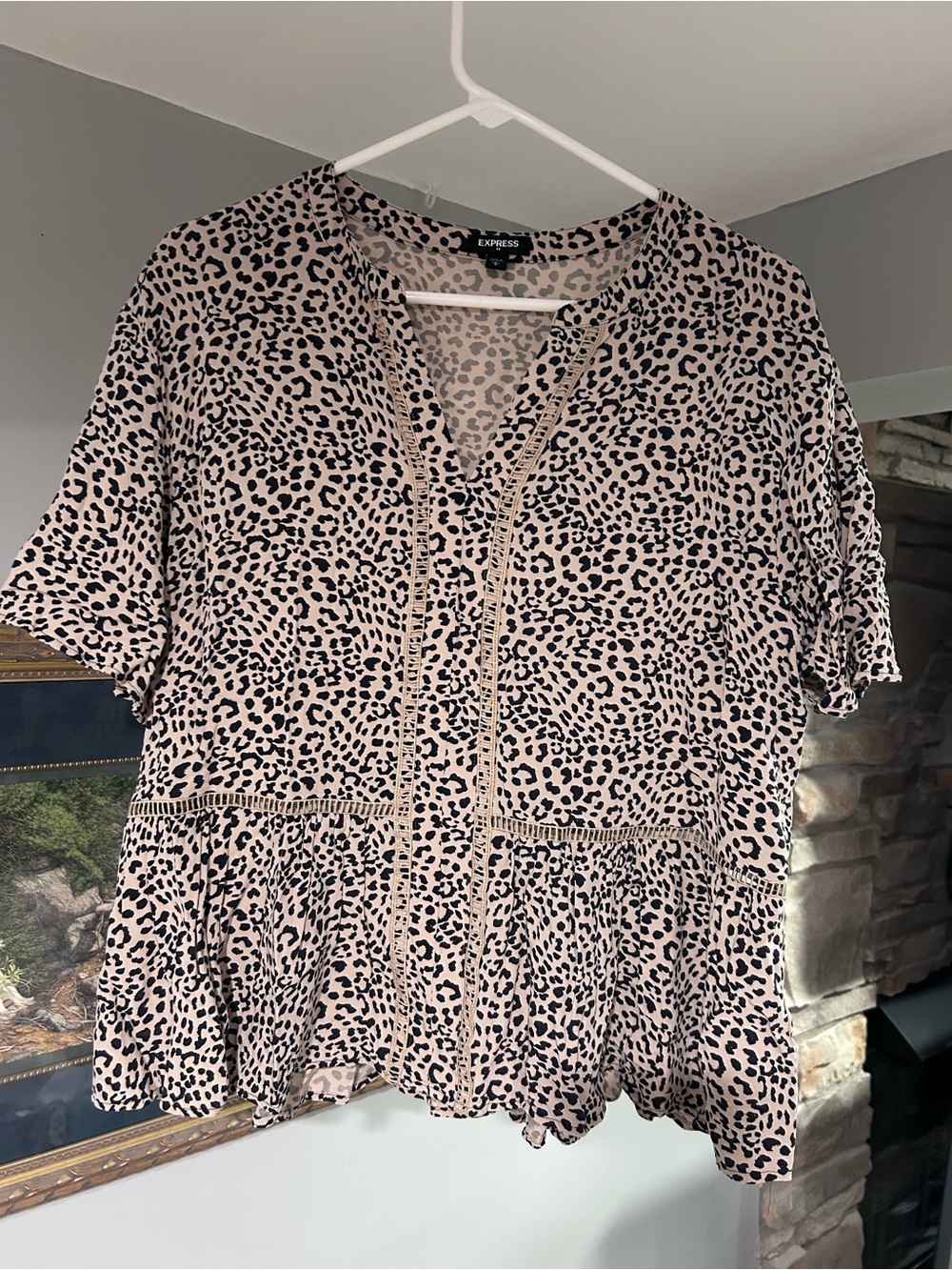 Express Pink Leopard Print Peplum Tunic with V-Neck
